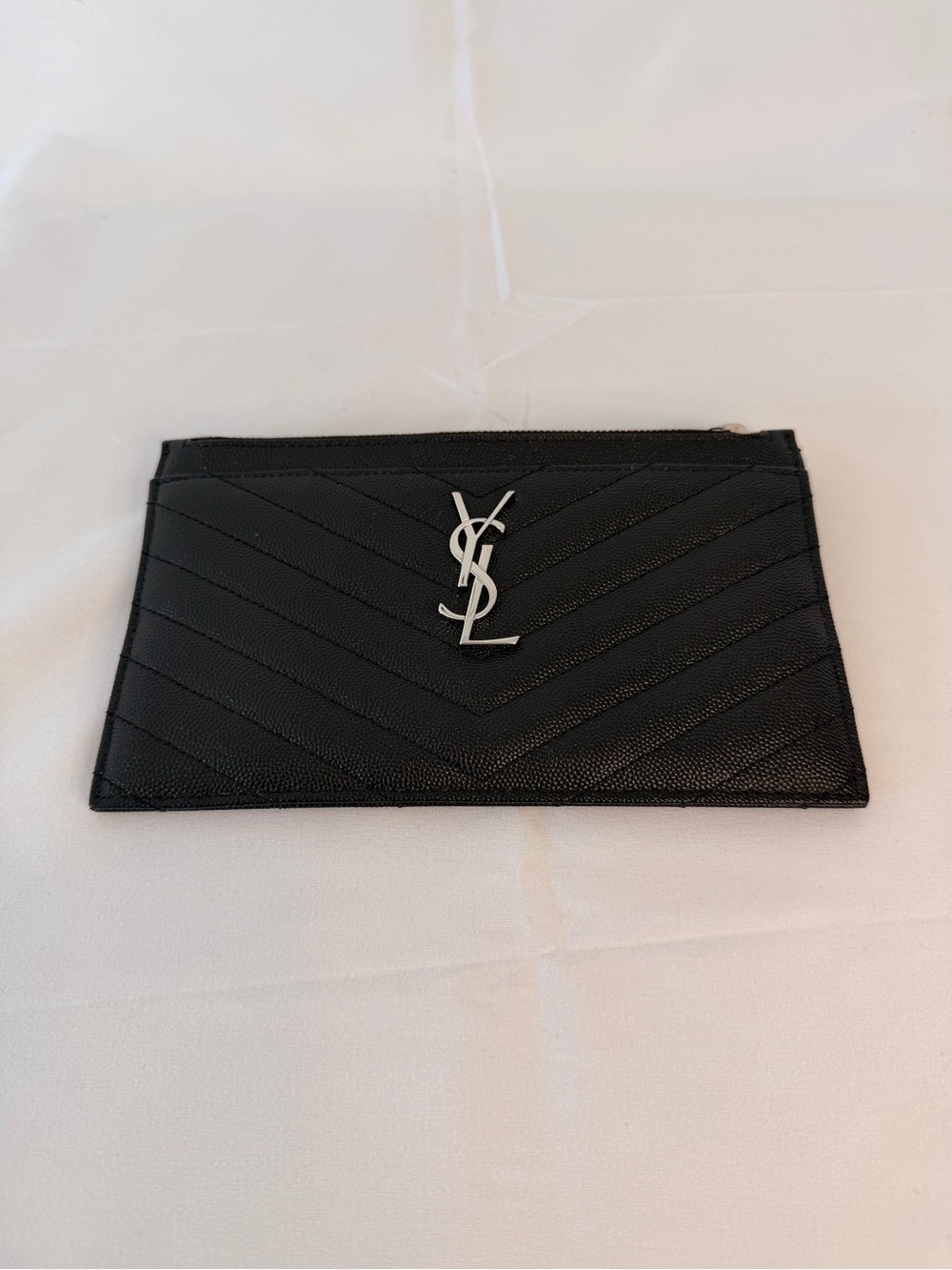 Yves Saint Laurent Black Quilted Chevron Leather Card Pouch with Silver YSL
